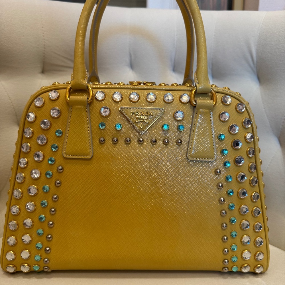 Prada Large Pyramid Top Handle Studded Vernice Saffiano Leather Handbag